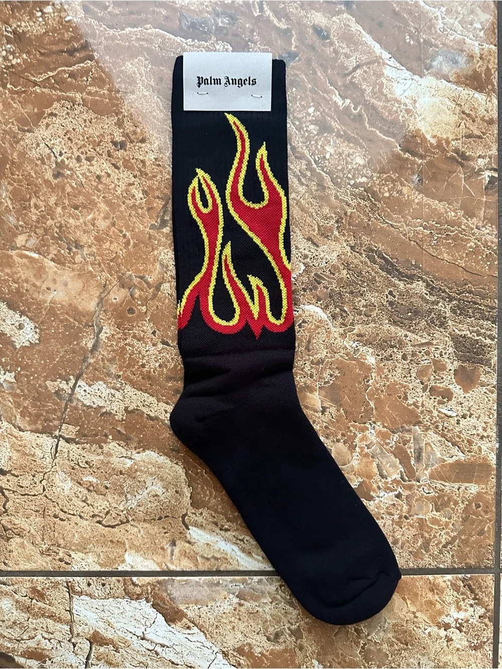 Palm Angels Black Crew Socks with Red and Yellow Flame Motif